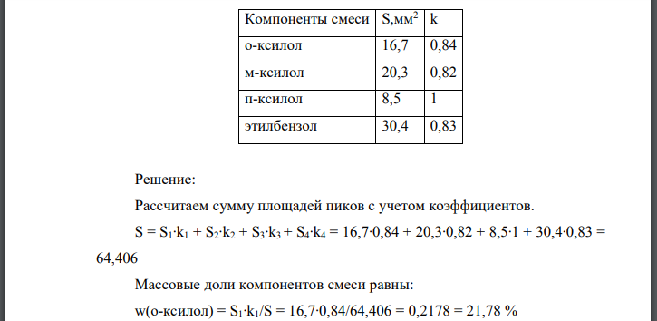 Проведен анализ смеси органических веществ методом распределительной газо-жидкостной хроматографии. Рассчитайте массовую долю компонентов