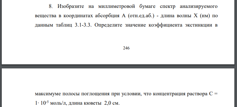 Изобразите на миллиметровой бумаге спектр анализируемого вещества в координатах абсорбция длина волны по данным таблиц 3.1-3.3.