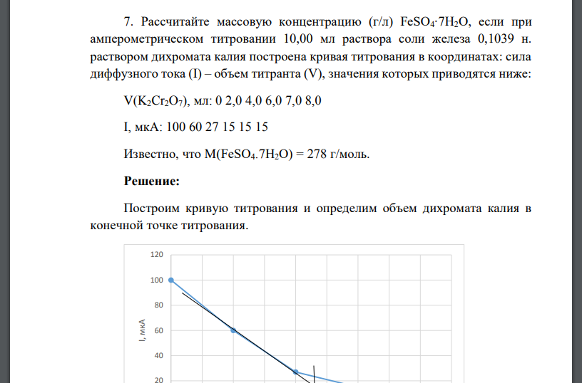 Рассчитайте массовую концентрацию (г/л) FeSO4∙7H2O, если при амперометрическом титровании 10,00 мл раствора соли железа 0,1039 н