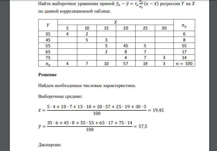 Найти выборочное уравнение прямой 𝑦̅𝑥 − 𝑦̅ = 𝑟в 𝜎𝑦 𝜎𝑥 (𝑥 − 𝑥̅) регрессии 𝑌 на 𝑋 по данной корреляционной таблице