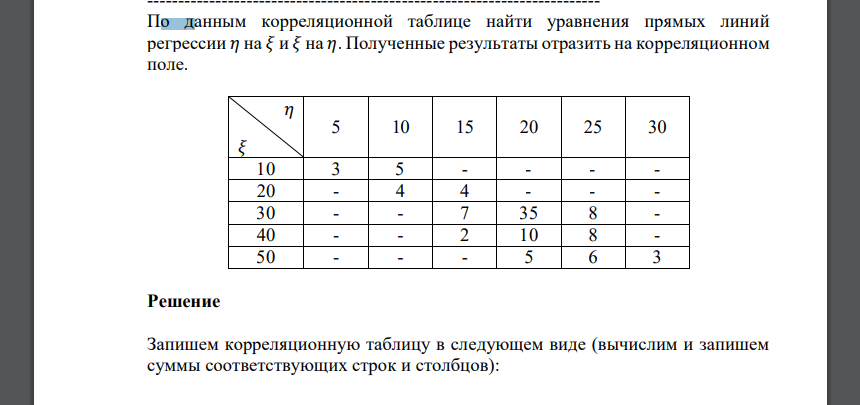 По данным корреляционной таблице найти уравнения прямых линий регрессии 𝜂 на 𝜉 и 𝜉 на 𝜂