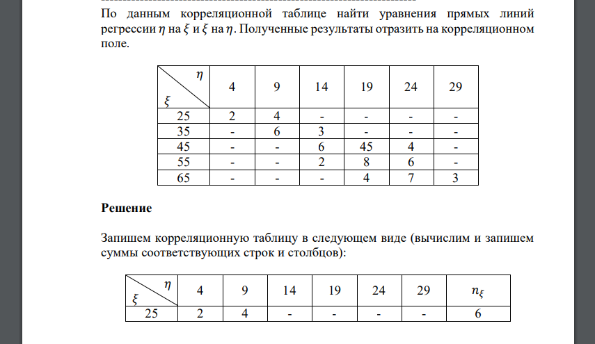 По данным корреляционной таблице найти уравнения прямых линий регрессии 𝜂 на 𝜉 и 𝜉