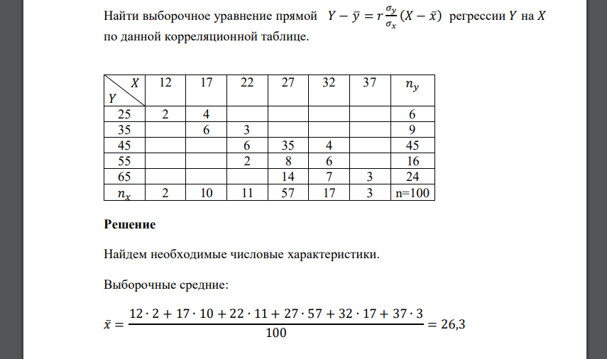 Найти выборочное уравнение прямой 𝑌 − 𝑦̅ = 𝑟 𝜎𝑦 𝜎𝑥 (𝑋 − 𝑥̅) регрессии 𝑌 на 𝑋 по данной корреляционной таблице. 𝑋 𝑌 12 17