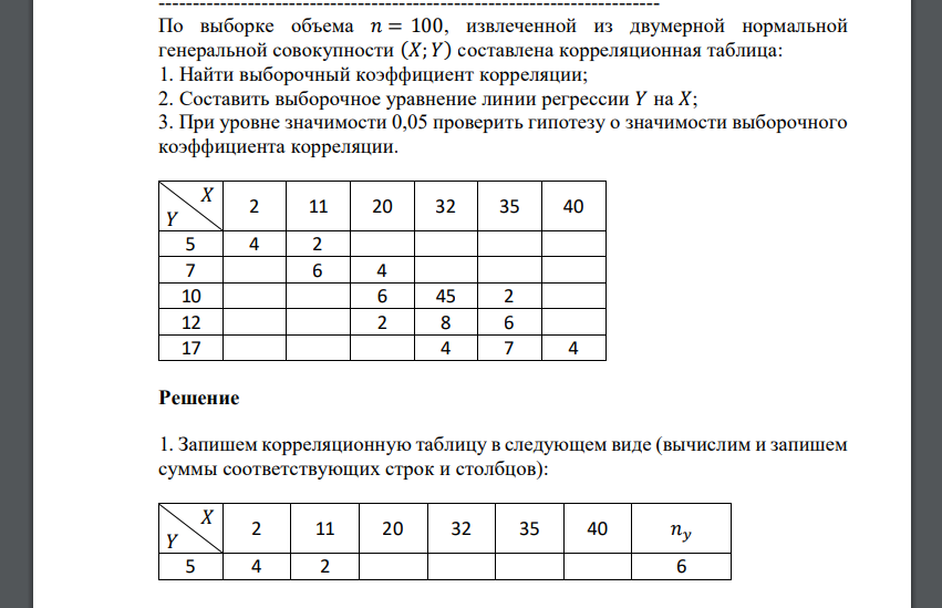 По выборке объема 𝑛 = 100, извлеченной из двумерной нормальной генеральной совокупности (𝑋; 𝑌) составлена корреляционная