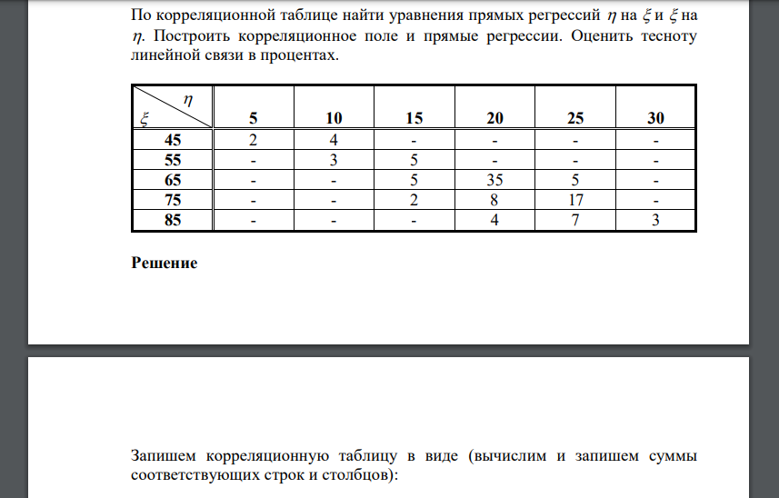 По корреляционной таблице найти уравнения прямых регрессий 𝜂 на 𝜉 и 𝜉 на 𝜂. Построить корреляционное поле и прямые регрессии