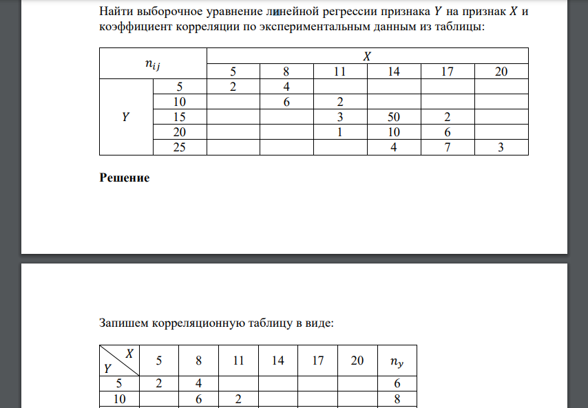 Найти выборочное уравнение линейной регрессии признака 𝑌 на признак 𝑋 и коэффициент корреляции по экспериментальным данным