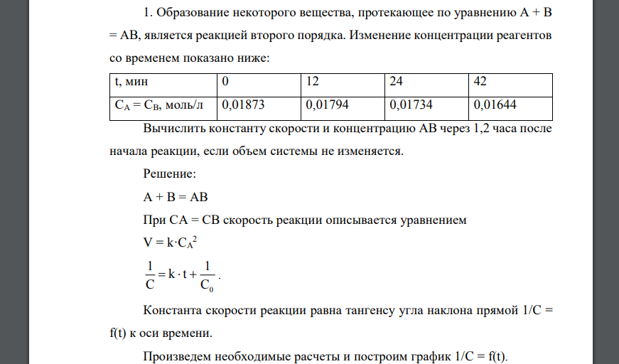 Образование некоторого вещества, протекающее по уравнению А + В = АВ, является реакцией второго порядка