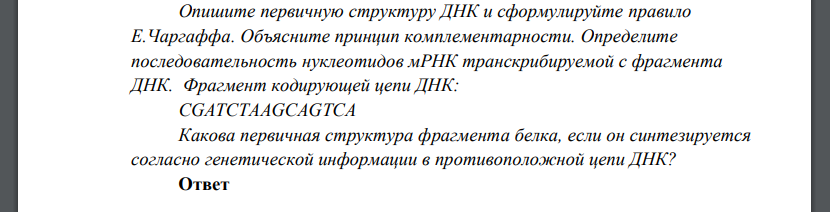 Опишите первичную структуру ДНК и сформулируйте правило Е.Чаргаффа. Объясните принцип комплементарности. Определите последовательность нуклеотидов