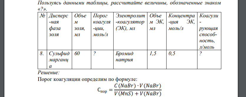 Пользуясь данными таблицы, рассчитайте величины, обозначенные знаком «?». № Дисперсная фаза золя Объем золя, мл Порог коагуляции, моль/л Электролит