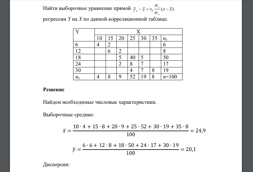 Найти выборочное уравнение прямой y y r (x x) x y x b регрессии Y на X по данной корреляционной таблице. Y X 10 15