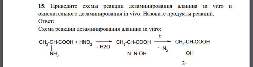 Приведите схемы реакции дезаминирования аланина in vitro и окислительного дезаминирования in vivo. Назовите продукты реакций.