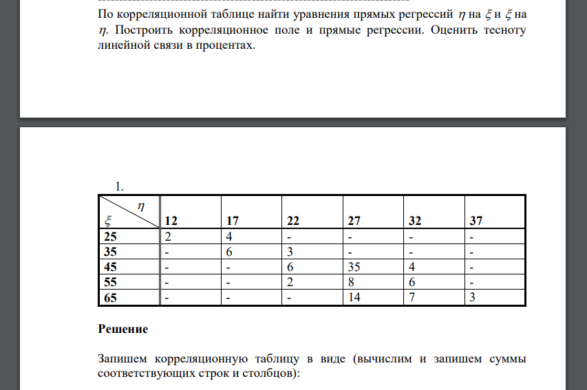 По корреляционной таблице найти уравнения прямых регрессий 𝜂 на 𝜉 и 𝜉 на 𝜂. Построить корреляционное поле и прямые регрессии. Оценить