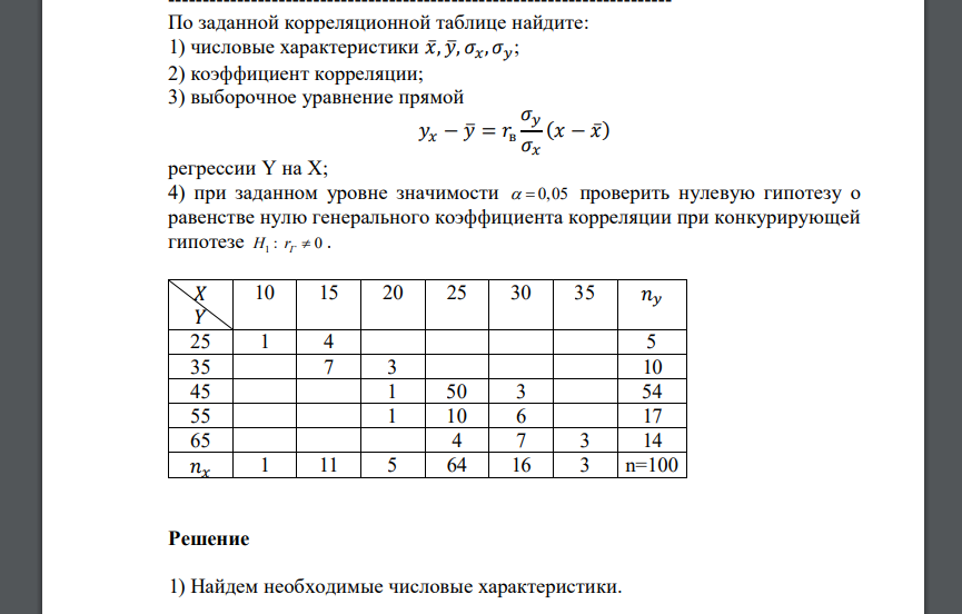 По заданной корреляционной таблице найдите: 1) числовые характеристики 𝑥̅, 𝑦̅, 𝜎𝑥, 𝜎𝑦; 2) коэффициент корреляции