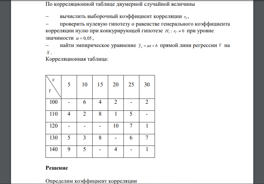 По корреляционной таблице двумерной случайной величины вычислить выборочный коэффициент корреляции