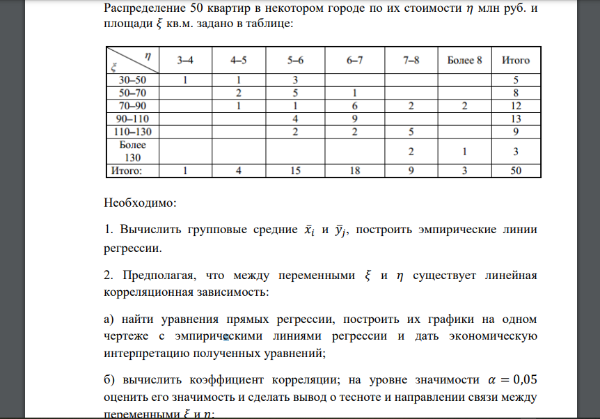 Распределение 50 квартир в некотором городе по их стоимости 𝜂 млн руб. и площади 𝜉 кв.м. задано в таблице