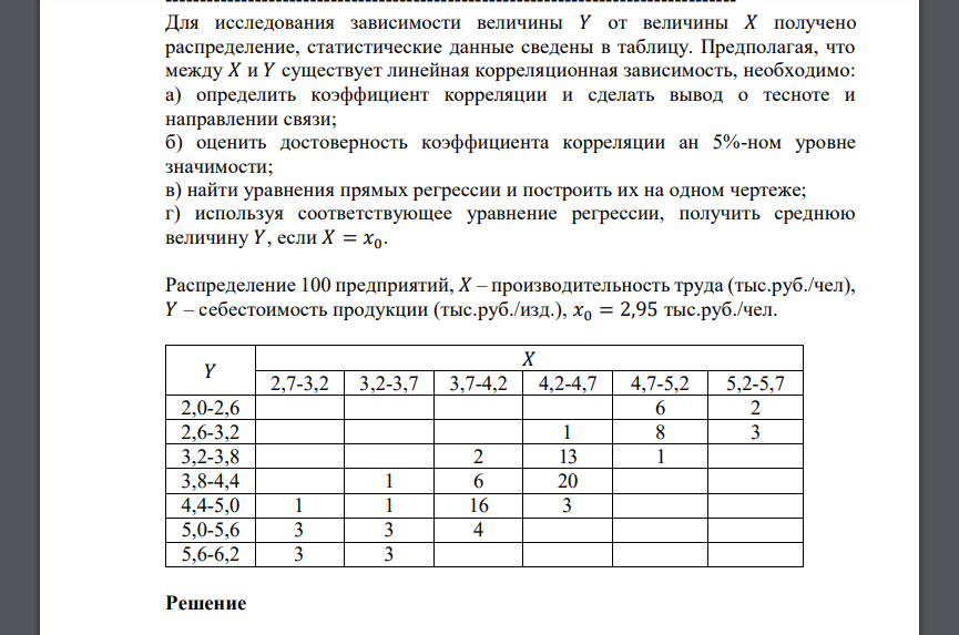 Для исследования зависимости величины 𝑌 от величины 𝑋 получено распределение, статистические