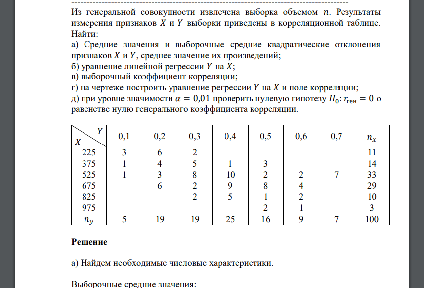 Из генеральной совокупности извлечена выборка объемом 𝑛. Результаты измерения признаков 𝑋 и 𝑌 выборки приведены