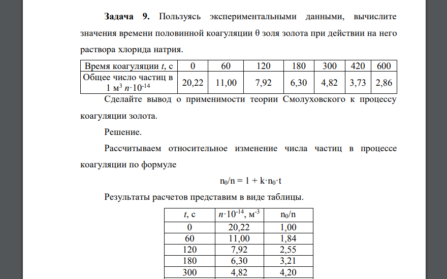 Пользуясь экспериментальными данными, вычислите значения времени половинной коагуляции