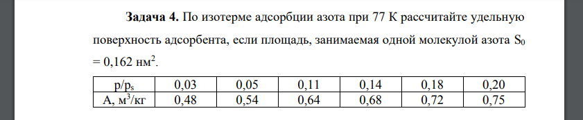 По изотерме адсорбции азота при 77 К рассчитайте удельную поверхность адсорбента, если площадь, занимаемая одной