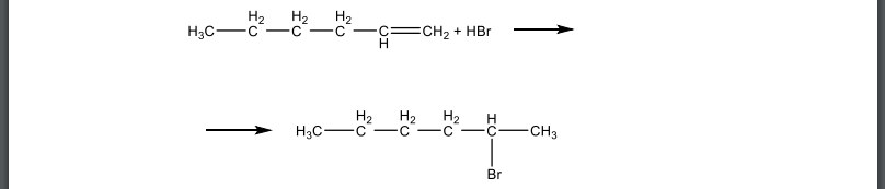 Напишите уравнение реакции гидробромирования гексена-1 с указанием механизма и промежуточных соединений.