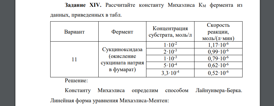 Рассчитайте константу Михаэлиса КМ фермента из данных, приведенных в табл. Вариант Фермент Концентрация субстрата