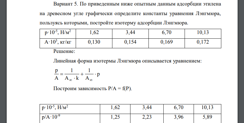 По приведенным ниже опытным данным адсорбции этилена на древесном угле графически определите константы уравнения