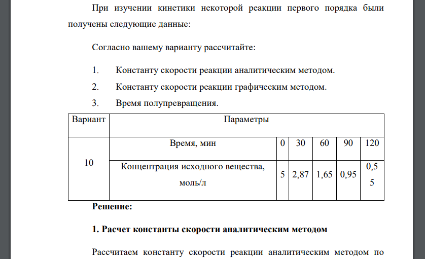 При изучении кинетики некоторой реакции первого порядка были получены следующие данные