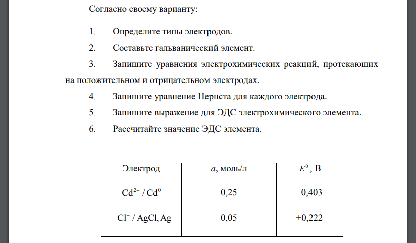 Согласно своему варианту: 1. Определите типы электродов. 2. Составьте гальванический элемент.