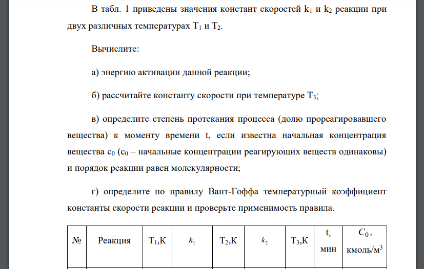 В табл. 1 приведены значения констант скоростей k1 и k2 реакции при двух различных температурах T1