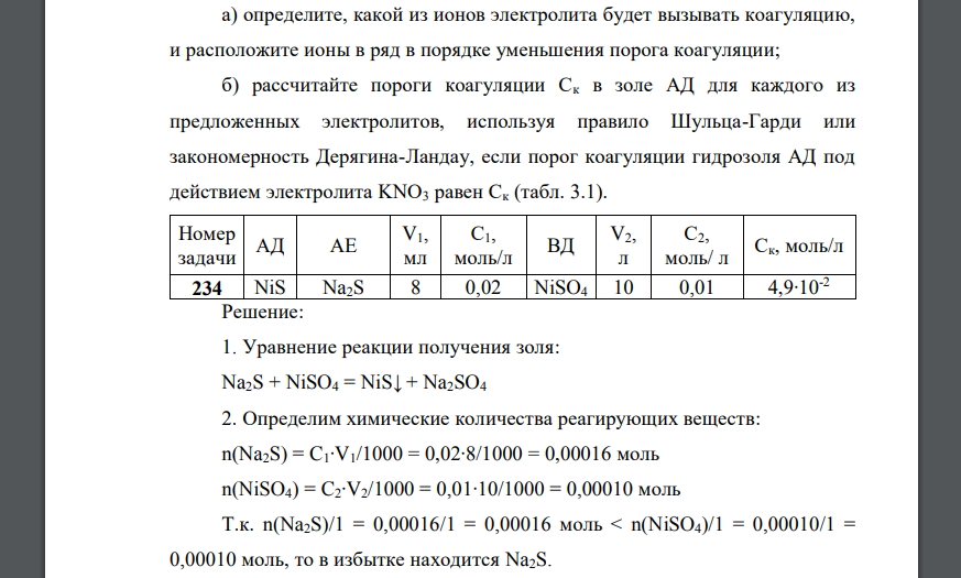 Коллоидный раствор (золь) АД получен при смешивании V1 мл водного раствора АС с молярной концентрацией