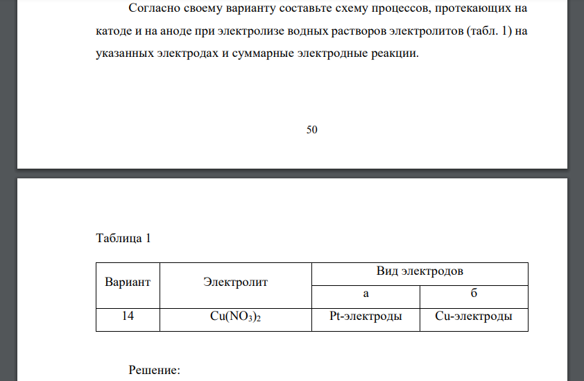 Согласно своему варианту составьте схему процессов, протекающих на катоде и на аноде при электролизе водных