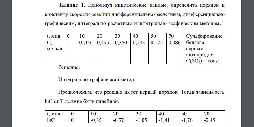 Используя кинетические данные, определить порядок и константу скорости реакции дифференциально-расчетным