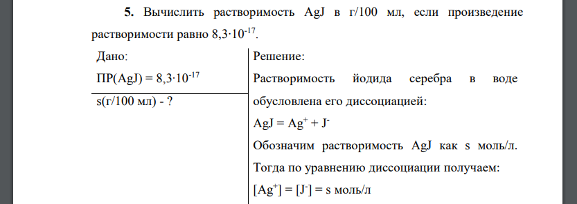 Вычислить растворимость AgJ в г/100 мл, если произведение растворимости равно 8,3∙10-17