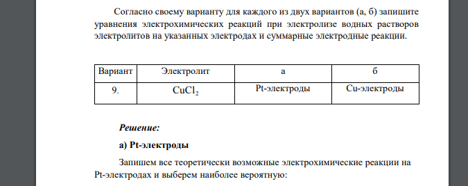 Согласно своему варианту для каждого из двух вариантов (а, б) запишите уравнения электрохимических реакций при электролизе водных растворов электролитов на указанных электродах и суммарные электродные