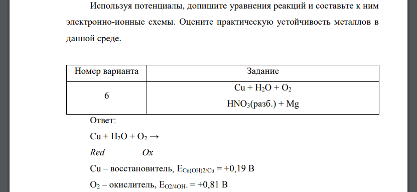 Используя потенциалы, допишите уравнения реакций и составьте к ним электронно-ионные схемы. Оцените практическую устойчивость