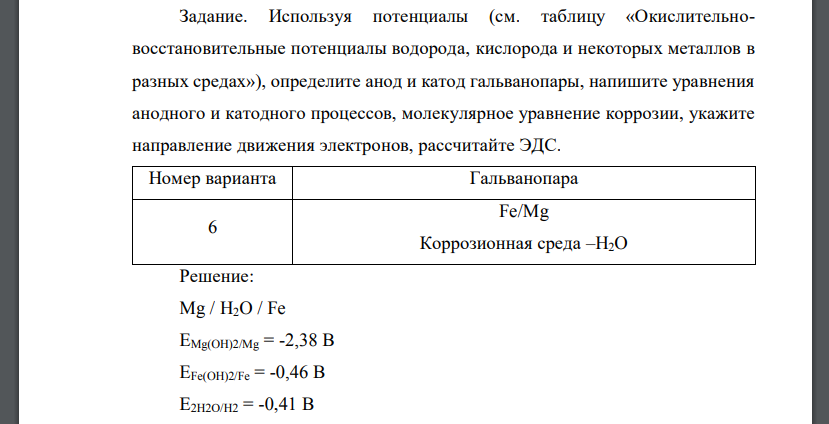 Используя потенциалы (см. таблицу «Окислительновосстановительные потенциалы водорода, кислорода и некоторых металлов в разных средах»)