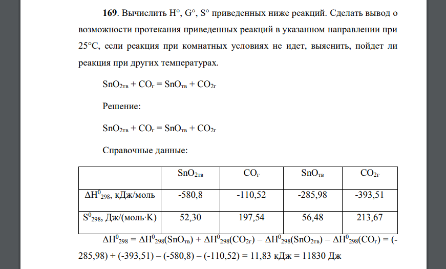 Вычислить H°, G°, S° приведенных ниже реакций. Сделать вывод о возможности протекания приведенных реакций