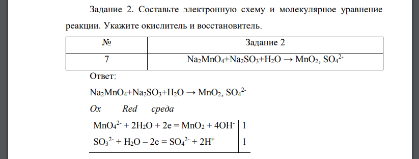 Составьте электронную схему и молекулярное уравнение реакции. Укажите окислитель и восстановитель. Na2MnO4+Na2SO3+H2O → MnO2, SO4 2-