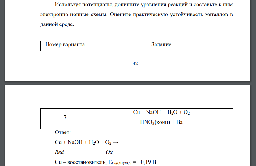 Используя потенциалы, допишите уравнения реакций и составьте к ним электронно-ионные схемы. Оцените практическую устойчивость металлов