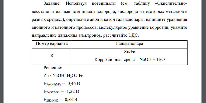 Используя потенциалы (см. таблицу «Окислительновосстановительные потенциалы водорода, кислорода и некоторых металлов в разных средах») Zn/Fe Коррозионная среда – NaOH + H2O