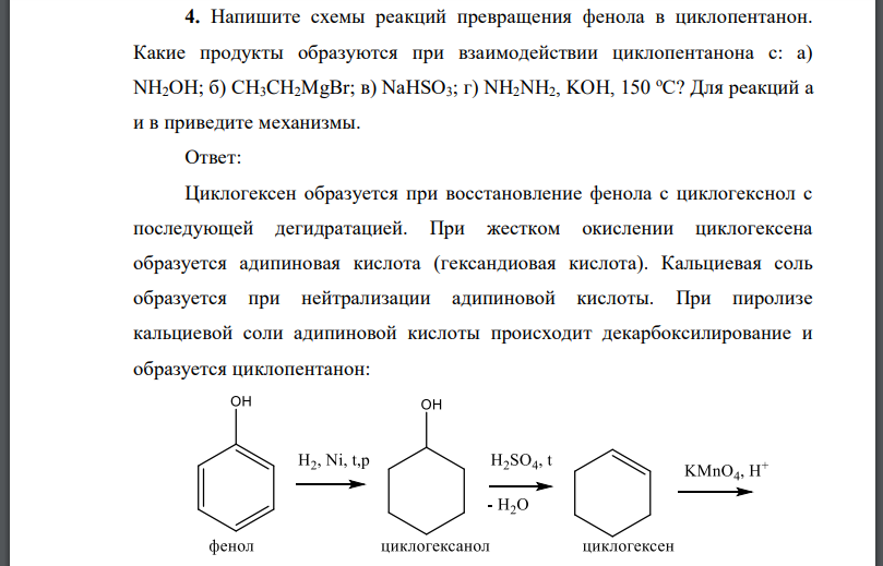 Напишите схемы реакций превращения фенола в циклопентанон. Какие продукты образуются при взаимодействии циклопентанона