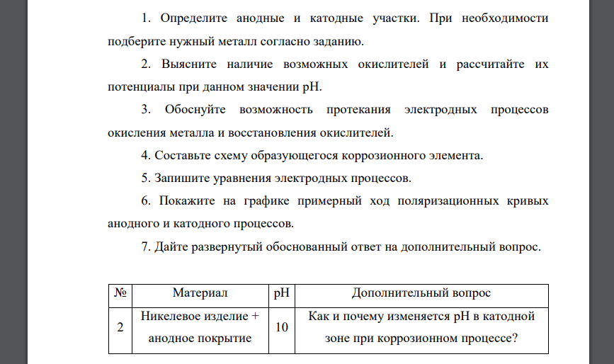 Определите анодные и катодные участки. При необходимости подберите нужный металл согласно заданию