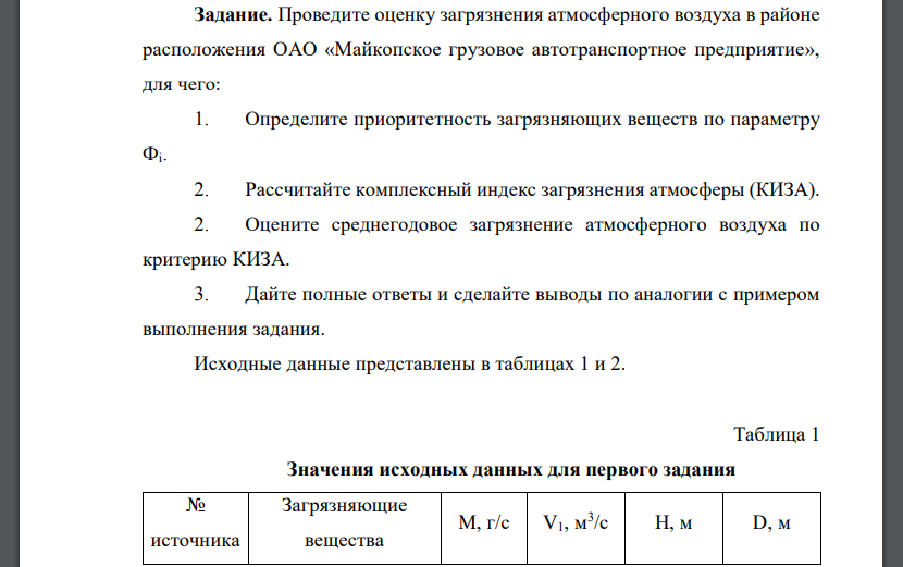 Проведите оценку загрязнения атмосферного воздуха в районе расположения ОАО «Майкопское грузовое автотранспортное предприятие»