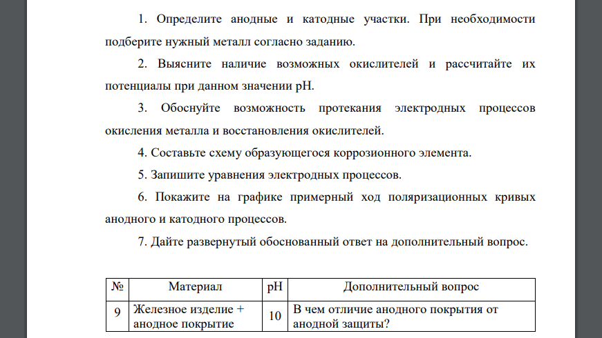 Определите анодные и катодные участки. При необходимости подберите нужный металл согласно заданию.  Железное изделие + анодное покрытие