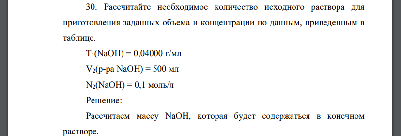 Рассчитайте необходимое количество исходного раствора для приготовления заданных объема и концентрации по данным, приведенным в таблице.