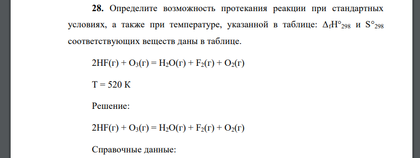 Определите возможность протекания реакции при стандартных условиях, а также при температуре, указанной в таблице: ΔfH°298 и S°298 соответствующих веществ даны