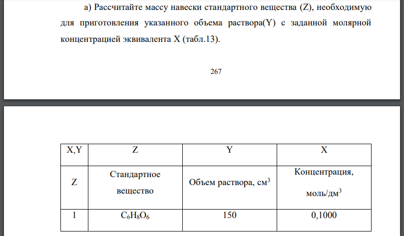 Рассчитайте массу навески стандартного вещества необходимую для приготовления указанного объема раствора с заданной молярной