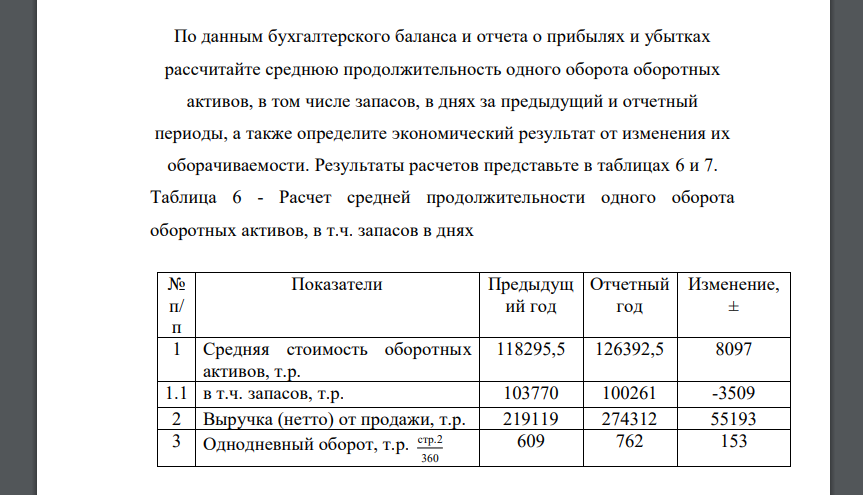 По данным бухгалтерского баланса и отчета о прибылях и убытках рассчитайте среднюю продолжительность одного оборота