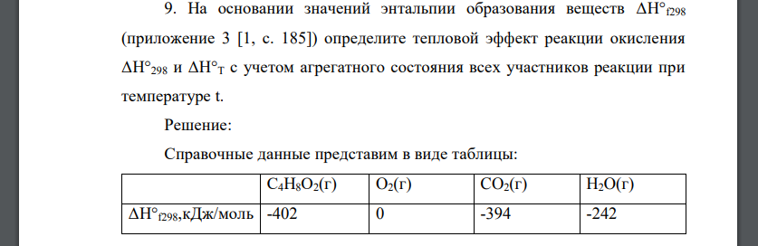 На основании значений энтальпии образования веществ ΔH°f298 (приложение 3 [1, c. 185]) определите тепловой эффект реакции окисления ΔH°298 и ΔH°Т с учетом агрегатного состояния всех участников реакции