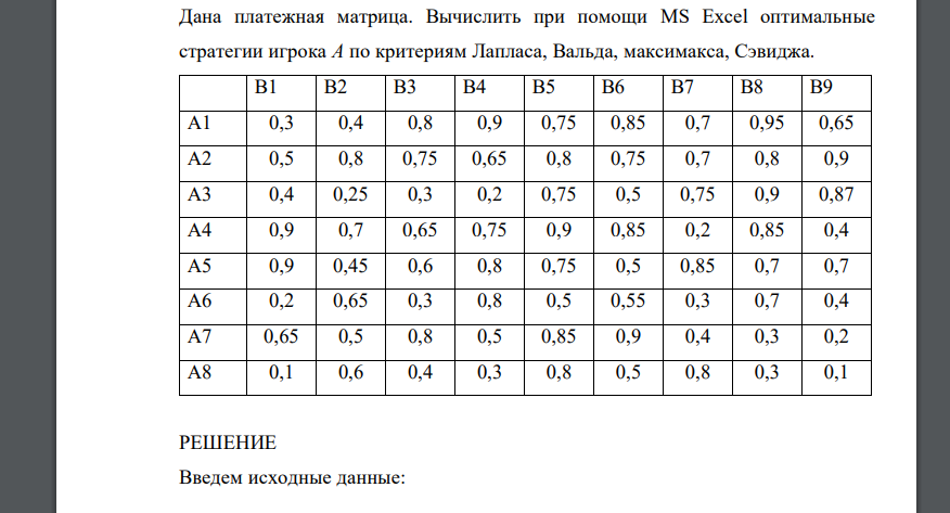 1.Дана платежная матрица. Вычислить при помощи MS Excel оптимальные стратегии игрока A по критериям Лапласа